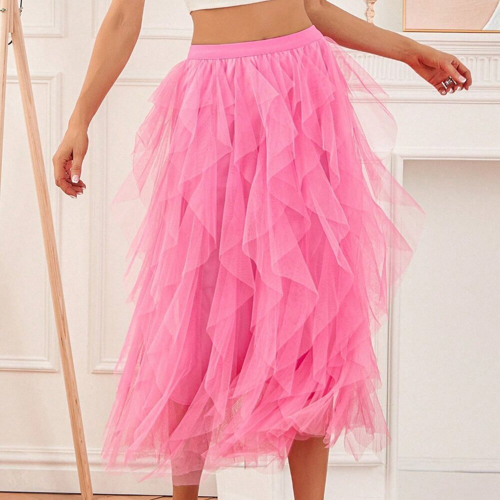 Pink Elegant Women's Sexy Long High Waist Tulle Skirt - Picture 6 of 8
